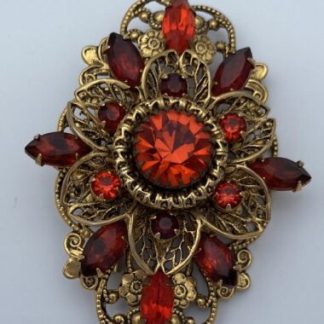 Vintage RARE Cadmium Orange Rhinestone & Filagree Gold Toned Brooch VG