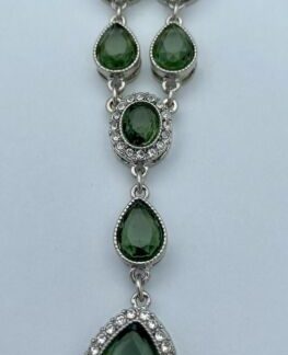 Vintage Crown Trifari Green & White Rhinestone Y-Drop Silver Tone Necklace 18.5”