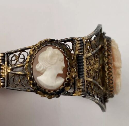 Victorian Sterling Silver 800 Filigree Delicate Three Cameo Bracelet, 7.5 inches - Image 5