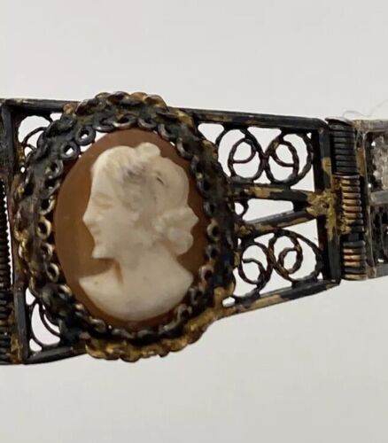 Victorian Sterling Silver 800 Filigree Delicate Three Cameo Bracelet, 7.5 inches - Image 4