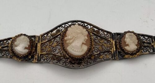 Victorian Sterling Silver 800 Filigree Delicate Three Cameo Bracelet, 7.5 inches - Image 2