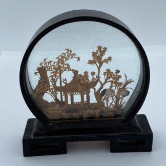 Asian Chinese "San You" Carved Cork Art Diorama Temple Cranes Trees Wood Glass