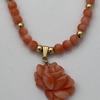 Vintage Angel Skin Coral Necklace With A Carved Rose Pendant 14K