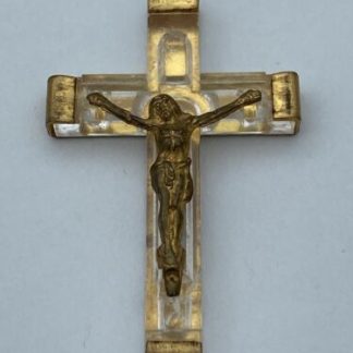 LOURDES FRANCE Cross Lucite & Brass Crucifix Inri Holy Soil Pendant VTG