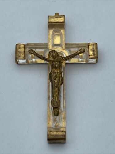 LOURDES FRANCE Cross Lucite & Brass Crucifix Inri Holy Soil Pendant VTG