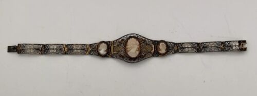 Victorian Sterling Silver 800 Filigree Delicate Three Cameo Bracelet, 7.5 inches - Image 3