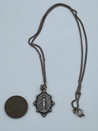 Vintage 1830 Virgin Mary Sterling Silver Marcasite Studded Pendant With GF Chain - Image 4