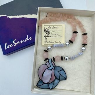 VINTAGE 90s QVC LEE SANDS ROSE QUARTZ, BLUE LACE AGATE SHELL INLAY NECKLACE