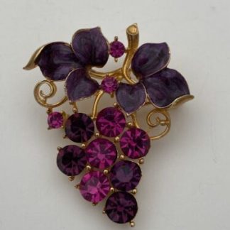 Vintage Signed M Jent Purple Rhinestones Grape Vine Gold Tone Enamel Brooch