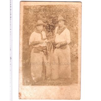 Two Cowboys w/ pistols real photo postcard RPPC Wooly Chaps Hats Bandanas c1900s