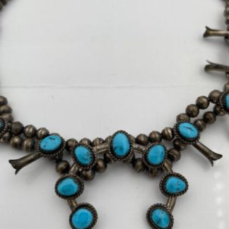 Detailed Vintage Sterling Silver Squash Blossom Necklace - Turquoise