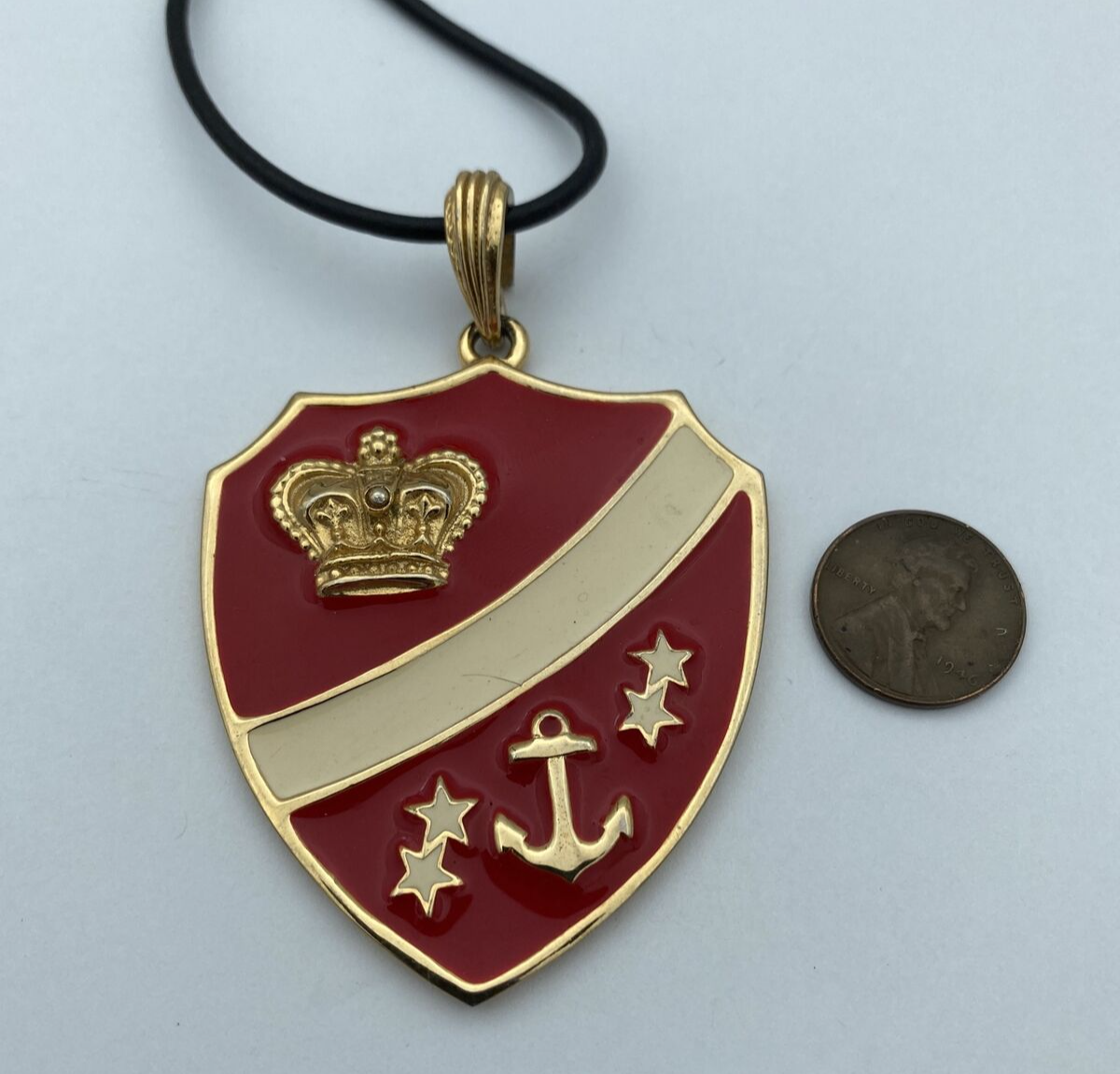 Vintage Crest Shield Crown Stars Anchor Pendant - Red & Gold - Image 2