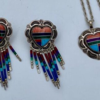 Vtg Native American Signed Sterling Multi Inlay Stone Heart Earrings & Pendant