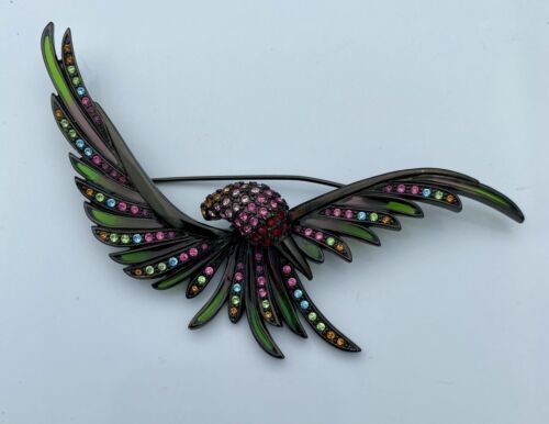 Vintage Joan Rivers Hummingbird Plique A Jour 4” Rhinestone Bird Brooch Rare - Image 3