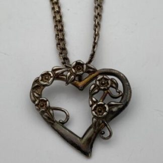 Vintage Italian Sterling Silver Necklace & Open Heart Flowers Pendant 24" 23 G