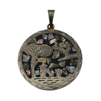 Beautiful Large Double Sided Circle Pendant with Turquoise and Abalone - Alpaca