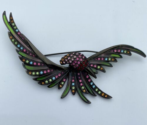 Vintage Joan Rivers Hummingbird Plique A Jour 4” Rhinestone Bird Brooch Rare