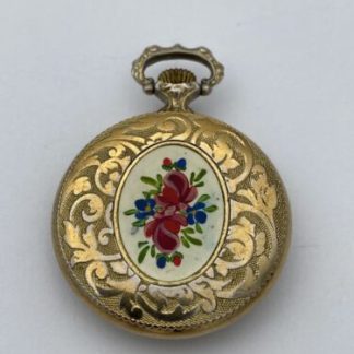 Rare Vintage Baylor Ladies Pocket Watch With Rose Design on Back Gold Tone