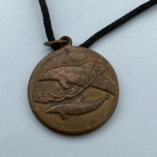 Dolphins Swimming Copper Medallion Pendant Necklace Virgo Symbol On Reverse