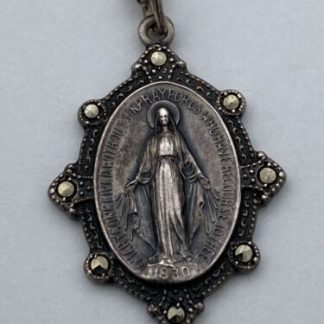 Vintage 1830 Virgin Mary Sterling Silver Marcasite Studded Pendant With GF Chain