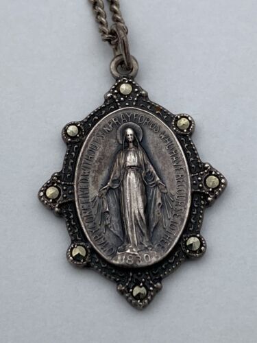 Vintage 1830 Virgin Mary Sterling Silver Marcasite Studded Pendant With GF Chain