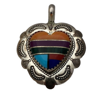 Vintage Signed QT Sterling Silver Multi Inlay Stone Heart Pendant 4.4 g