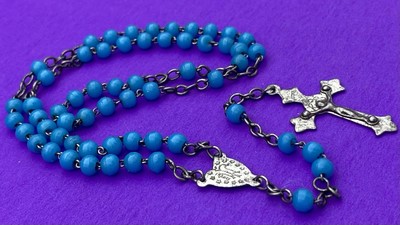 Vtg Blue Round Glass Beads Petite Rosary, Virgin Mary, France, Christianity, 14” - Image 8