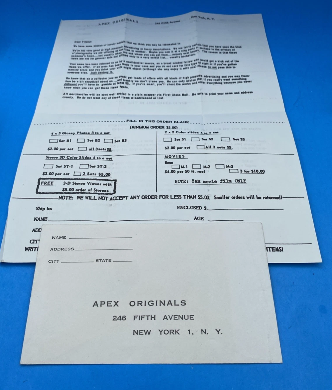 Vintage 1950s Apex Originals Risqué Glamour 8mm Film Order Form Envelope NYC Set