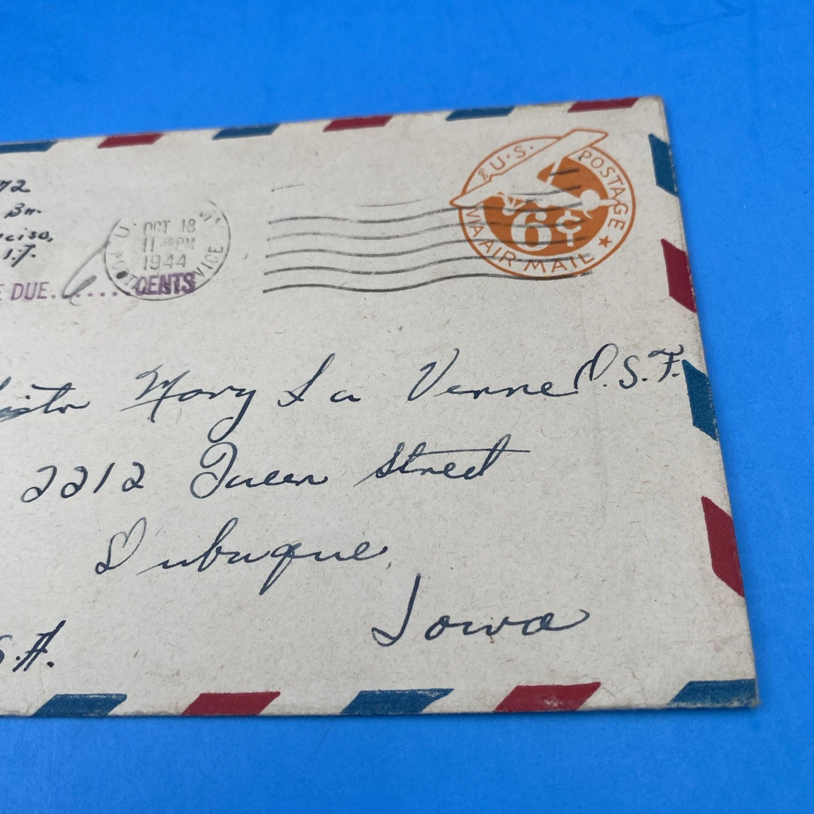 1944 APO 920 Biak WWII UC4 6¢ Airmail Cover Censored Postage Due Pair of 3¢ dues - Image 3