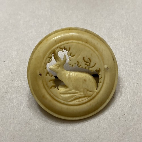 Antique Circular Hand Carved Deer Antler Stag Brooch