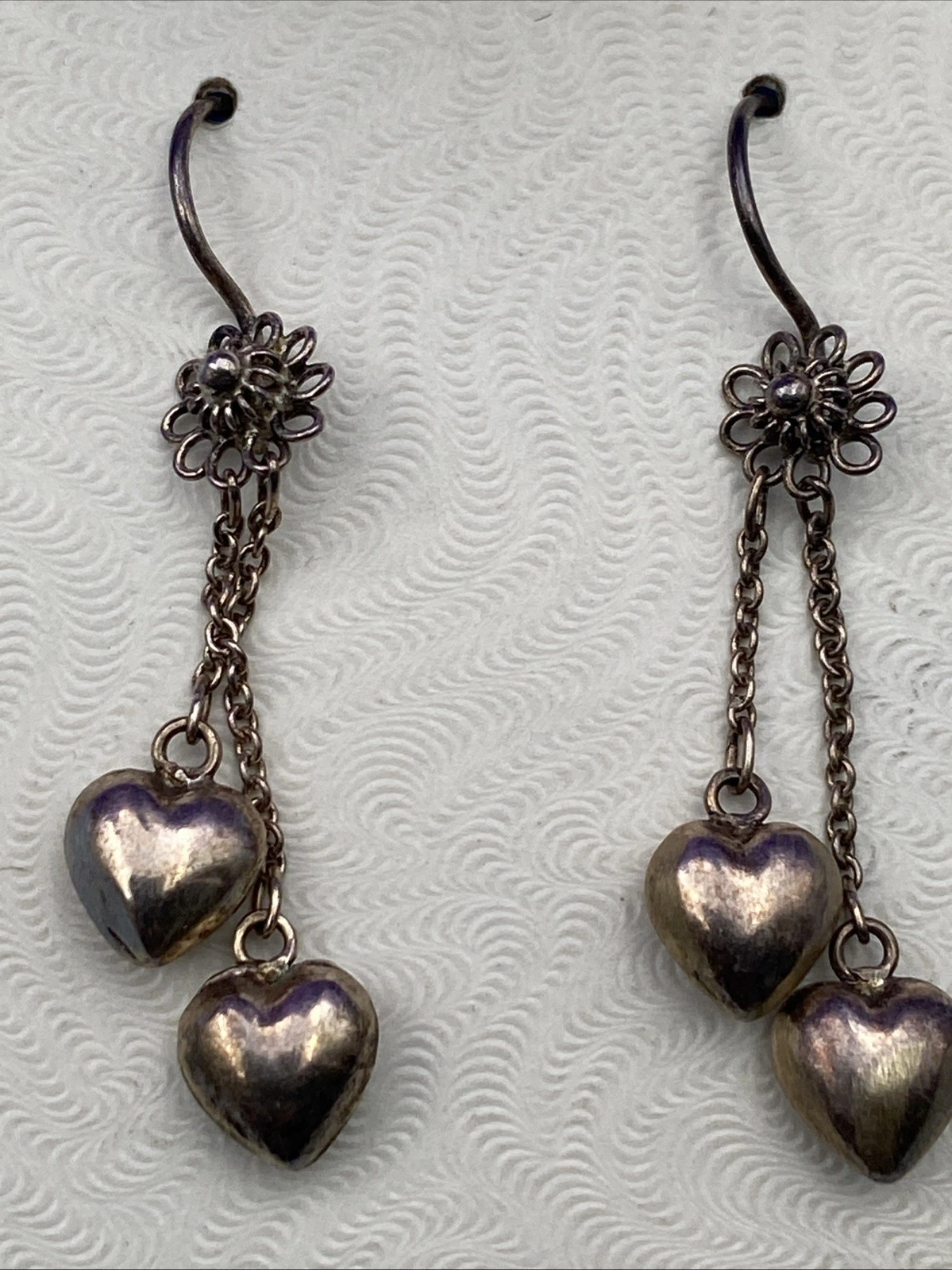 Vintage Sterling Silver Handcrafted Double Heart Drop Dangle Earrings - Image 5