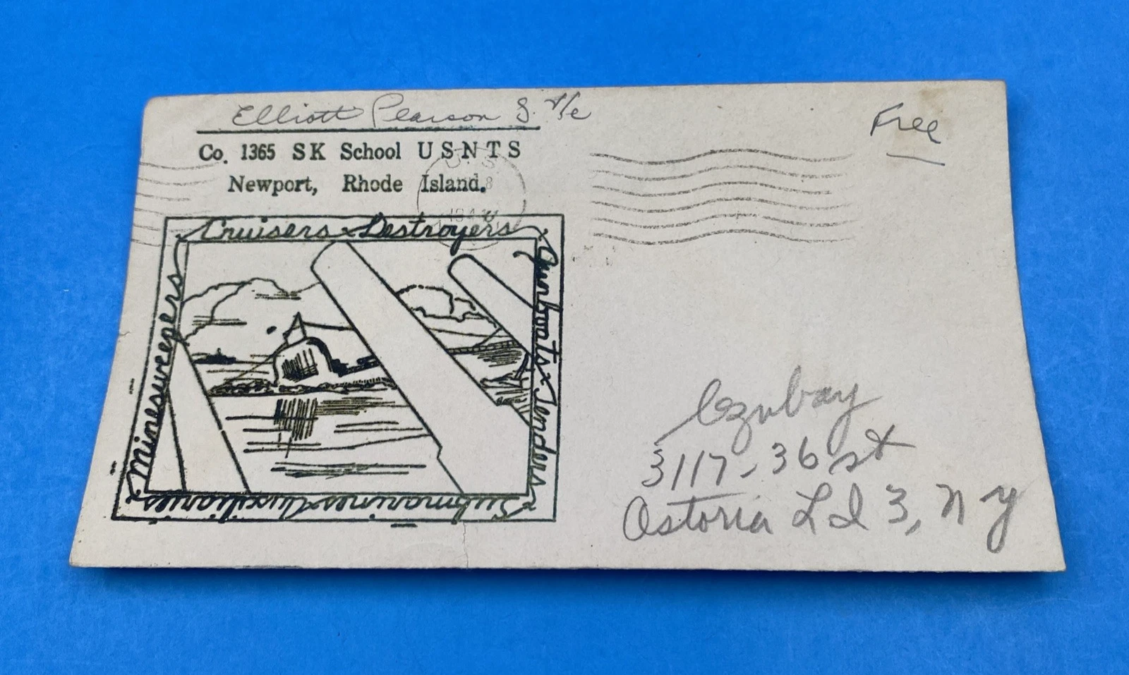 WWII USNTS Newport FREE Mail Cover w/ Thermograph Naval Guns Cachet, SK School