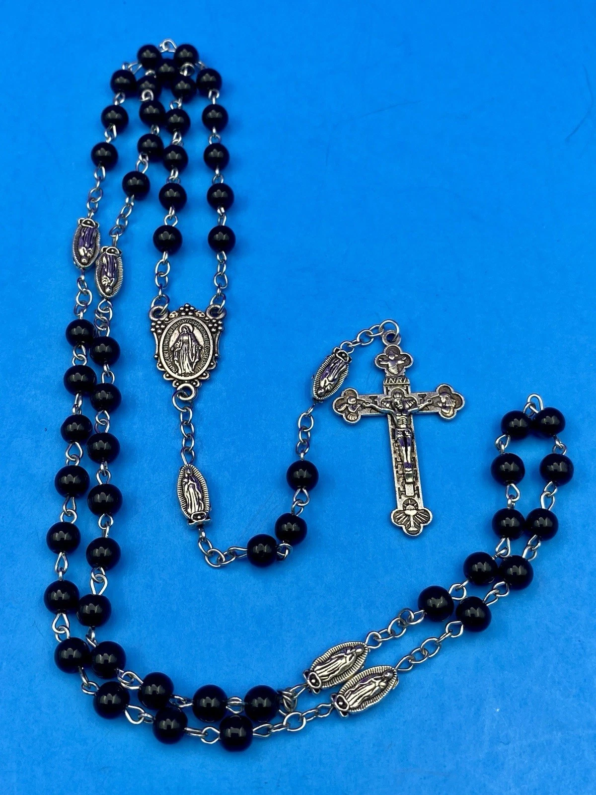 Vintage Black Round Glass Bead Rosary, Virgin Mary, Italy, Christianity 21.5” - Image 8