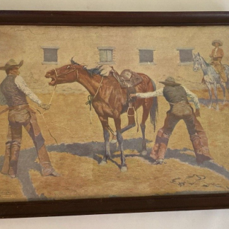 1st Edition, Remington 'His First Lesson' Original 1908 Chromo Lithograph Cowboy