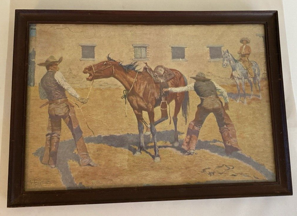 1st Edition, Remington 'His First Lesson' Original 1908 Chromo Lithograph Cowboy