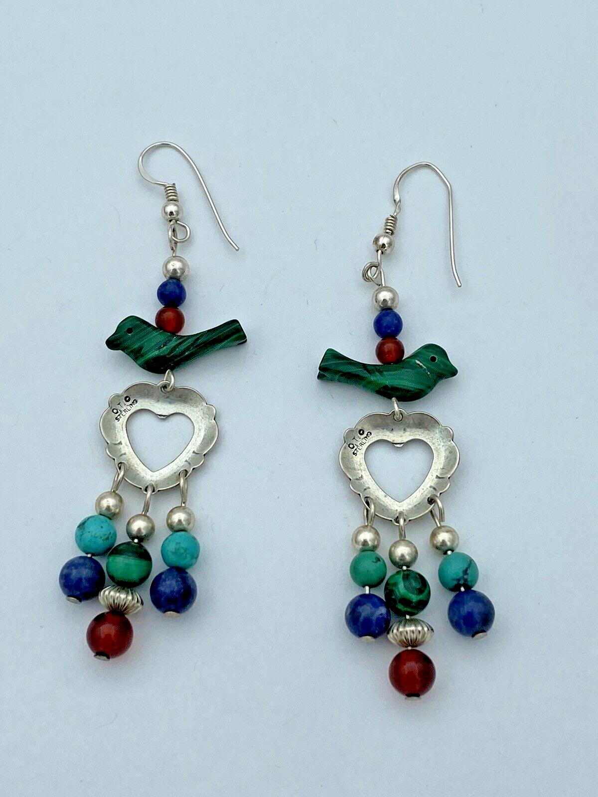 Vintage Native American QT Quoc Multi Gemstone Bead Sterling Silver Earrings - Image 4