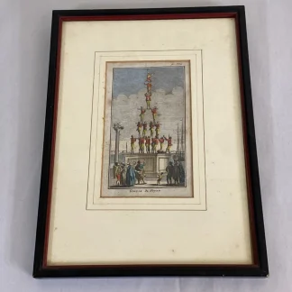 Giuoco di Forze—Venice Carnival hand-colored engraving, c1760s, framed