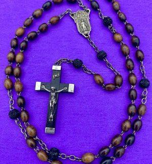 Antique Vintage Ebony Wood Bead Rosary, Virgin Mary, Jesus, FRANCE, Christianity