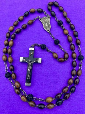 Antique Vintage Ebony Wood Bead Rosary, Virgin Mary, Jesus, FRANCE, Christianity