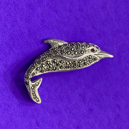 Sterling Silver Marcasite Accented Dolphin Porpoise 925 Pin Brooch Red Eye - Image 2