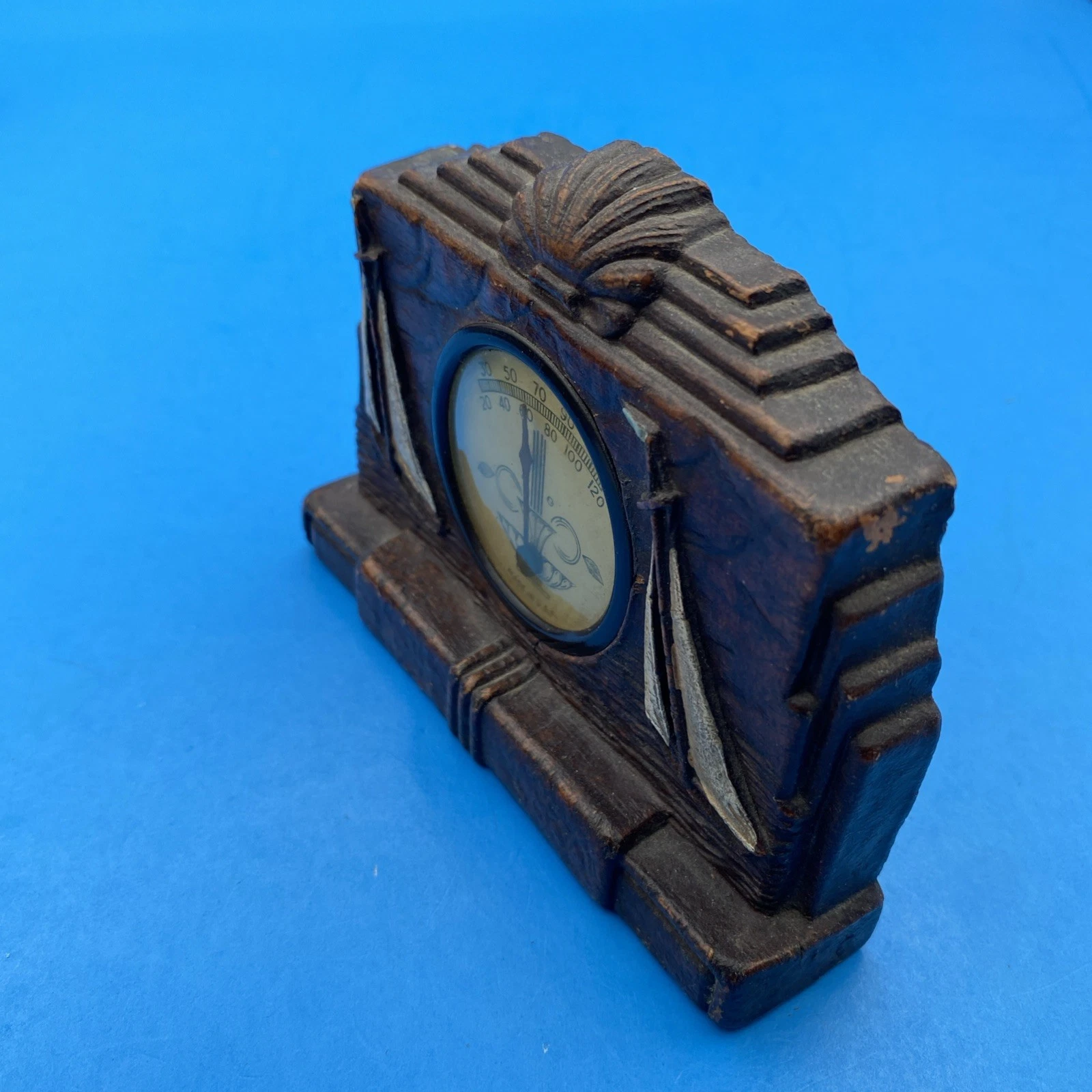 Syroco Art Deco Nautical Sailboat Desktop Thermometer 1930s Comp Wood USA Shells - Image 7