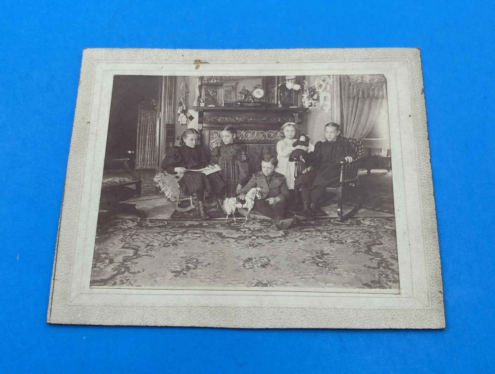 c1895 Victorian parlor portrait, five children, leg braces, horse pull toy photo