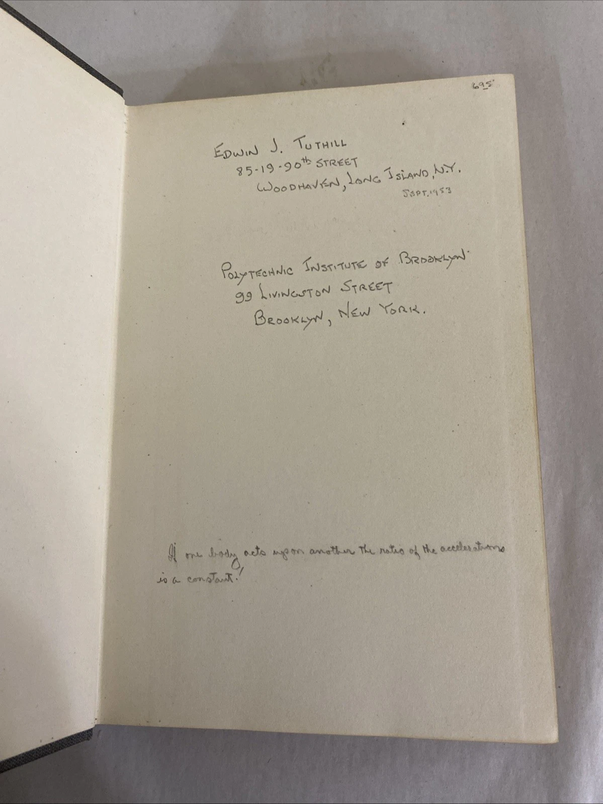 1953 Symon Mechanics Addison-Wesley HC w/ Edwin J. Tuthill BNL Provenance +Notes - Image 2