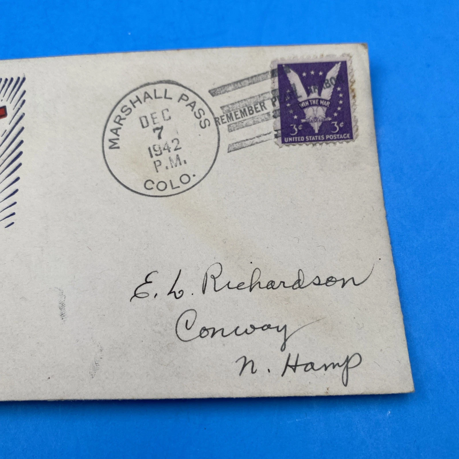 WWII Dec 7 1942 Marshall Pass CO 'Remember Pearl Harbor' V for Victory cover USA - Image 3