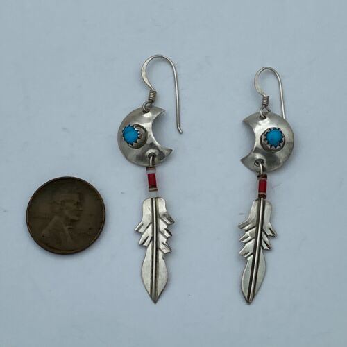 Vintage Navajo Nel J. Sterling Silver Turquoise & Coral Dangle Feather Earrings - Image 2