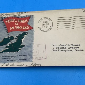1944 APO 986 WWII Censored Free Mail Cover – Aleutian Amchitka, England GB Label