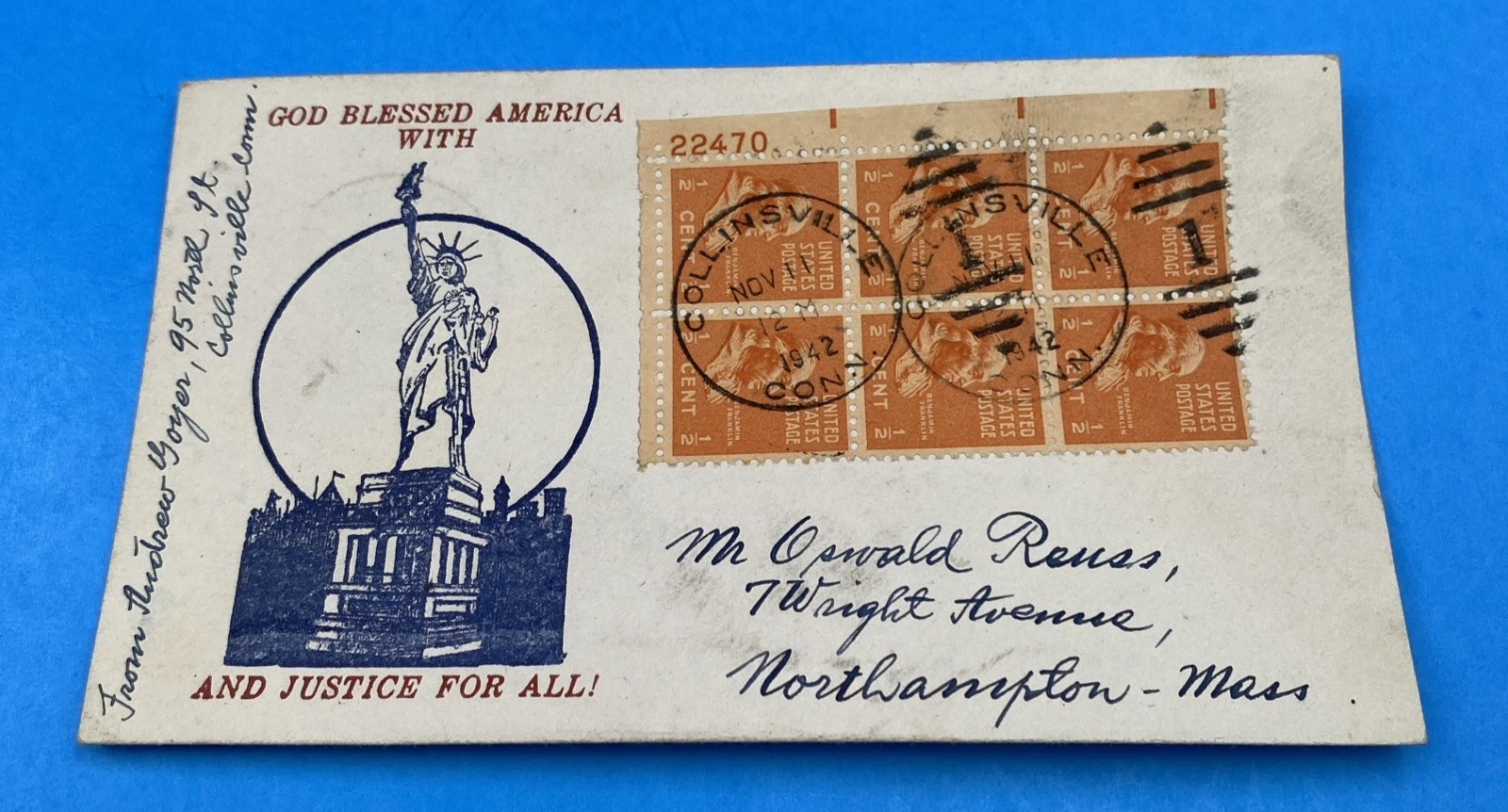 1942 WWII Patriotic Cover Statue of Liberty w/ ½¢ Franklin Plate Block