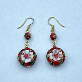 Vintage Red Cloisonne Floral Bead Dangle Earrings Gold Tone Chinese Style