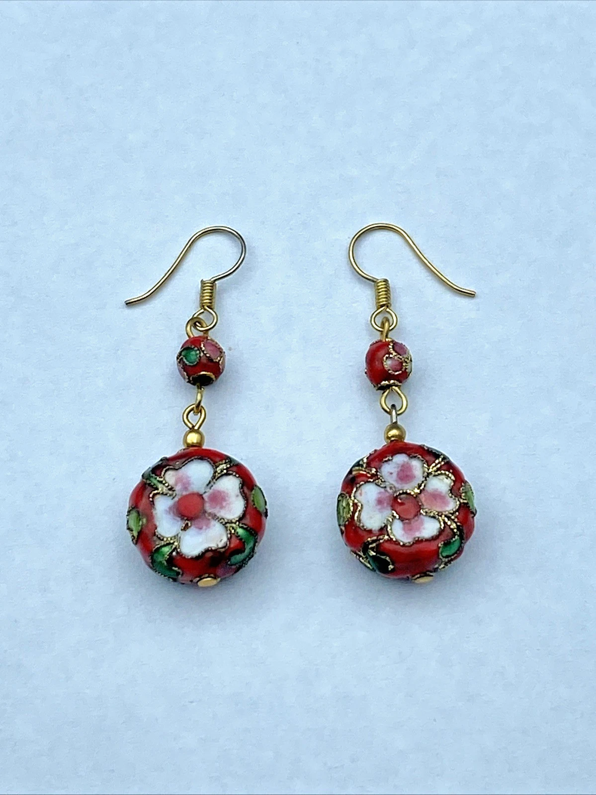 Vintage Red Cloisonne Floral Bead Dangle Earrings Gold Tone Chinese Style