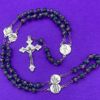 Vtg Green Pink Gold Glass Rosary, Pope Benedict XVI, 4 Basilicas, Italy, 20.5”